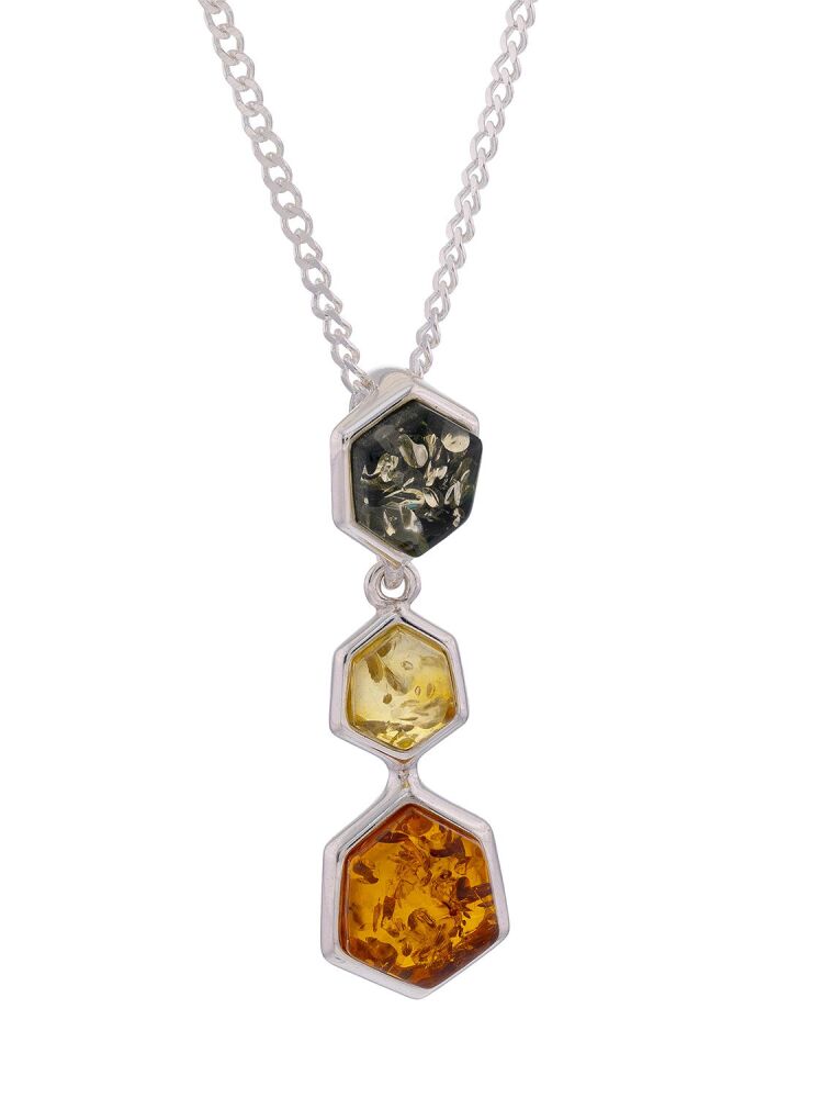 P132 - 257 - 3 stone Pendant with Cognac, Lemon and Green Amber set in Silv