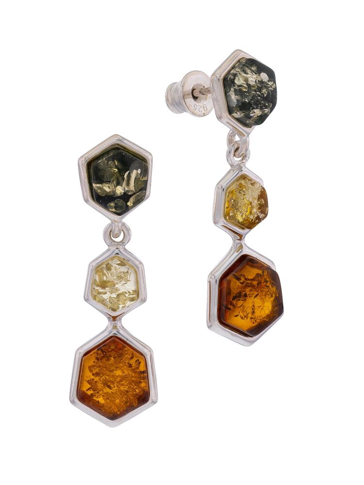 E142 - 451 - Drop stud Silver earrings with Cognac, Lemon and Green Amber.