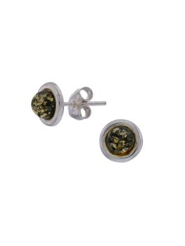 E141 - 445 - Green round Baltic amber cabochon and sterling silver stud earrings