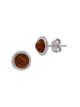 E140 - 450 - Cognac round Baltic Amber  cabochon and sterling silver stud earrings.