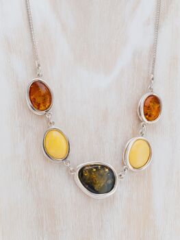 N037 - Multicolour  Hand cut Baltic Amber and sterling silver collar