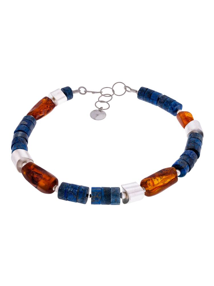 N039 - Amber beads  and Lapis Lazuli discs with silver elements Necklace.