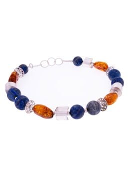 N038 - An unique necklace of hand cut oval Amber, Lapis Lazuli and matt sterling silver