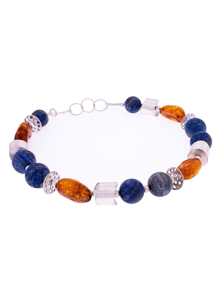 N038 - An unique necklace of hand cut oval Amber, Lapis Lazuli and matt ste