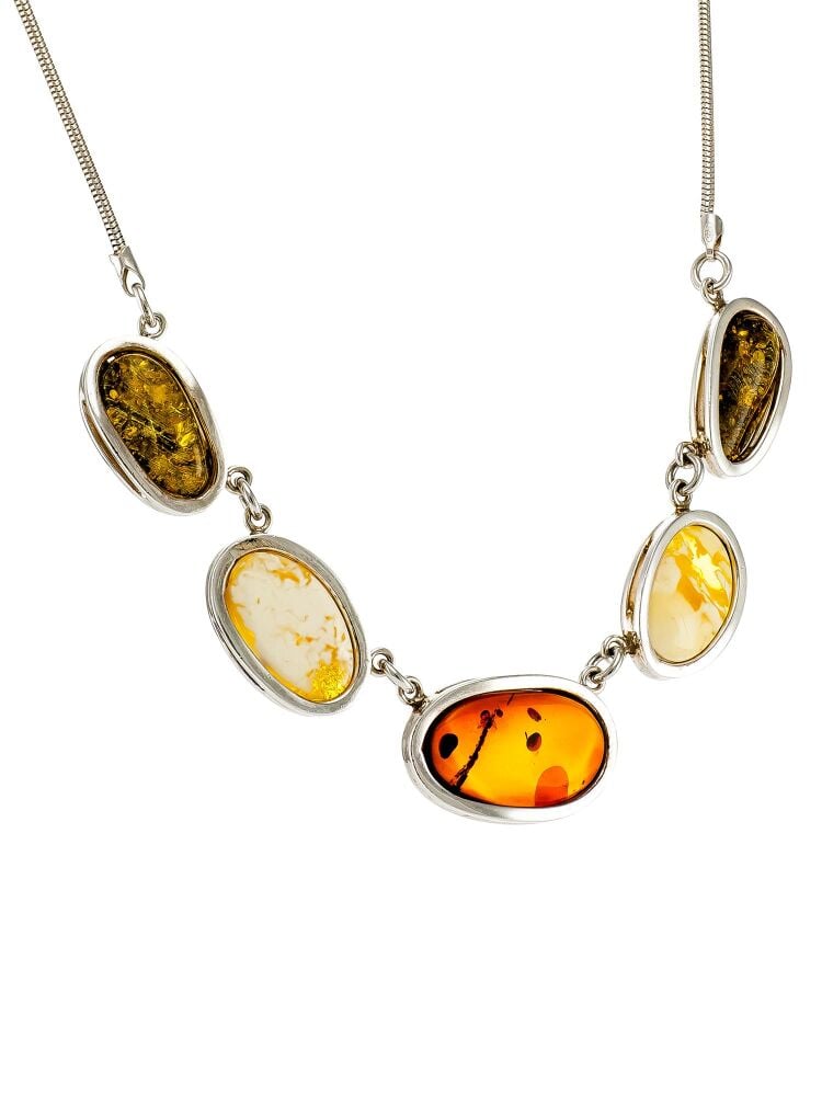 N035 - Unique 5 stone Multicolour Amber Silver Necklace