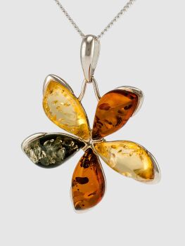 P063-256  Multicolour Amber stones set in Silver flower Pendant 