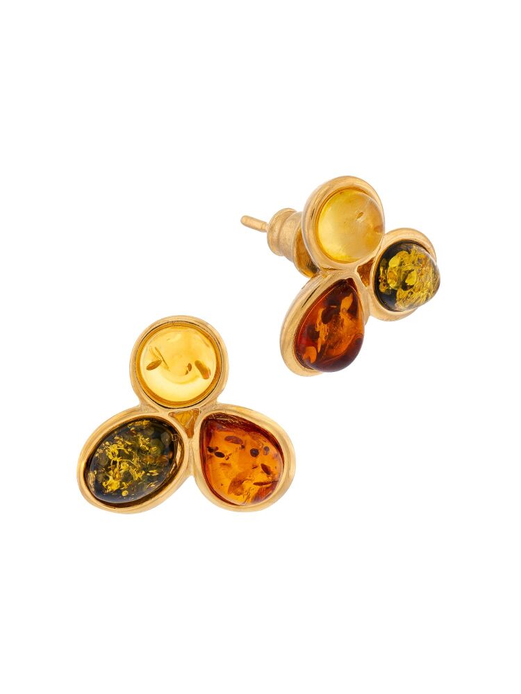 E143-406 Three stone multicolour Amber and gold plated earrings