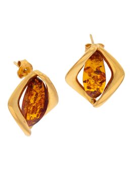 E145-413 Cognac Amber and gold plated silver earrings