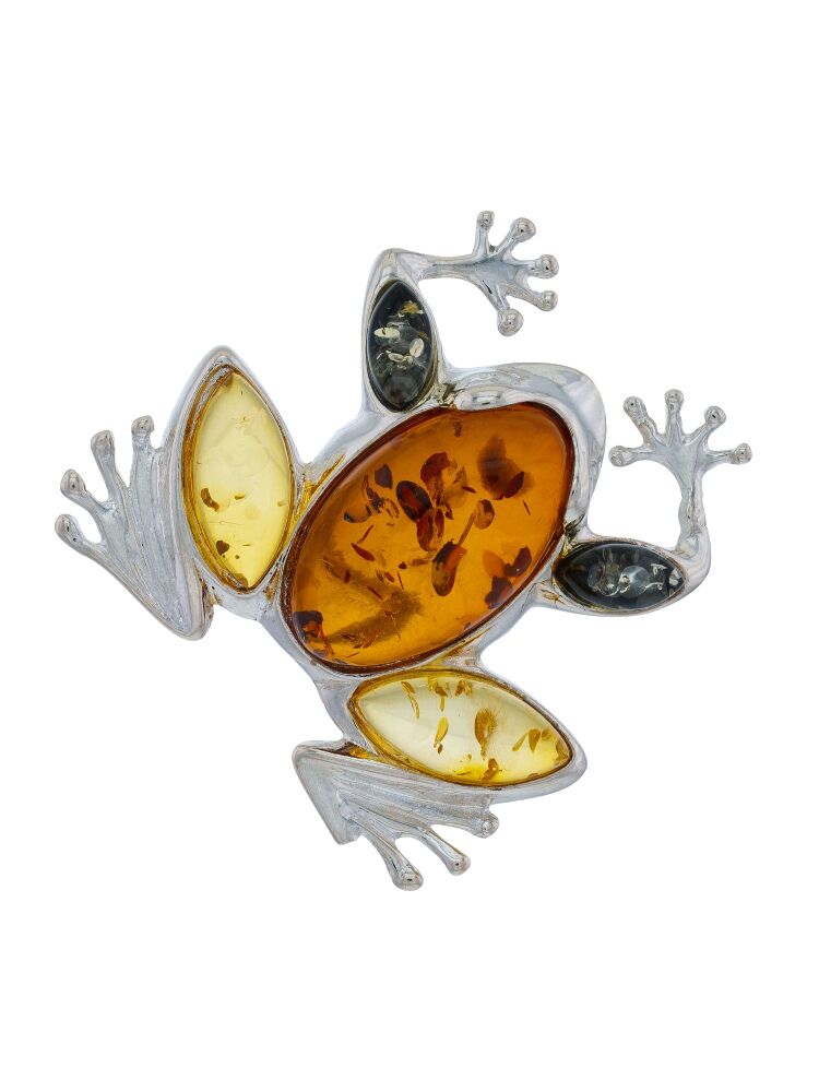 H023-602 Baltic Multicolour Amber and sterling silver Frog brooch