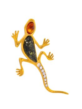 H024-605 Amber with cubic zirconias in Gold plated Silver Lizard brooch