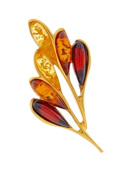 H025-603 Baltic multicolour amber and gold plated silver Leaf brooch.
