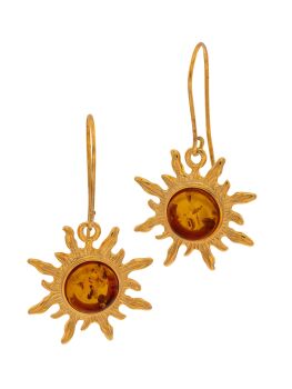 E147-453  Cognac Amber and gold plated silver drop earrings.