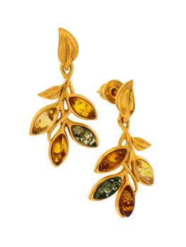 E148-452  Multiocolour Amber and gold plated silver leaf stud earrings