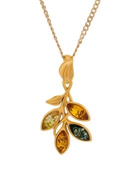 P136-259  Amber Leaf lemon, cognac and green amber pendant set in gold plated sterling silver.