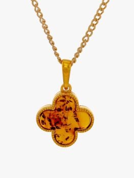 P137-216  Cognac Amber and gold plated silver clover pendant on a gold plated silver chain.