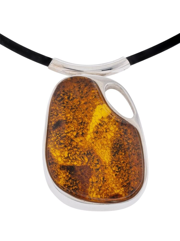 P139 - Natural Cognac Amber and Sterling Silver boho Picture Pendant