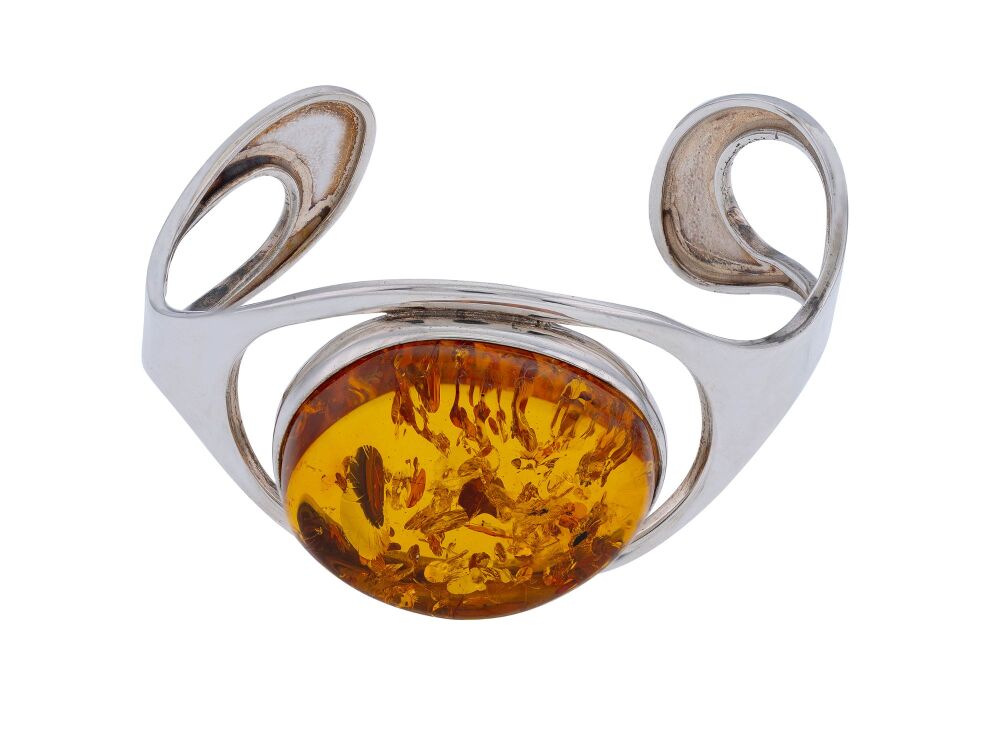 D049 - Unique Cognac Amber and sterling silver statement cuff bangle