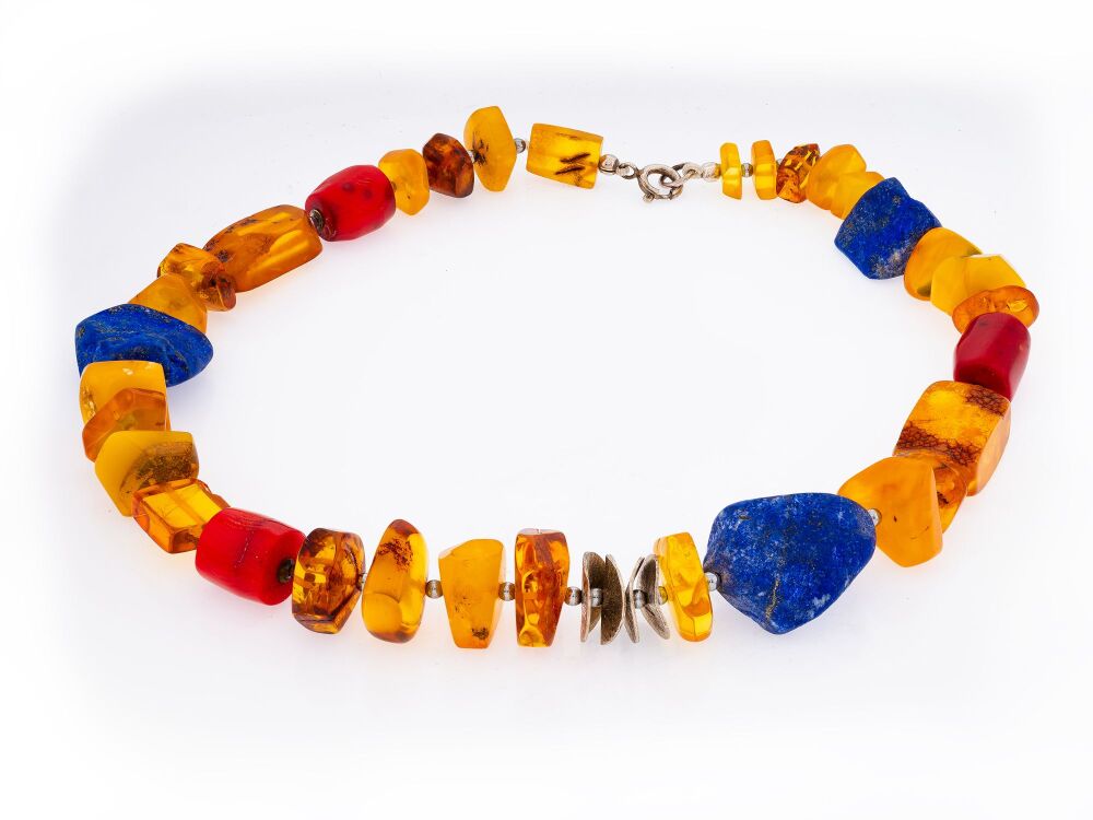 N040 - Amber Lapis Lazuli Dyed Bamboo Coral Statement Necklace