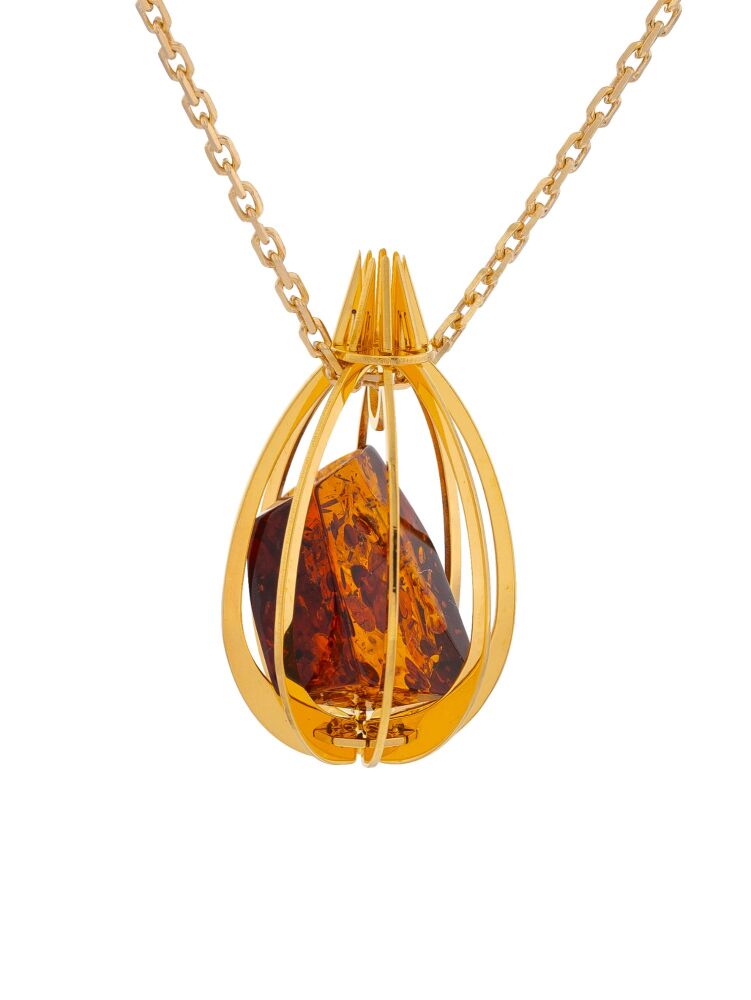 P144 - Cognac Amber in Gold Plated cage pendant