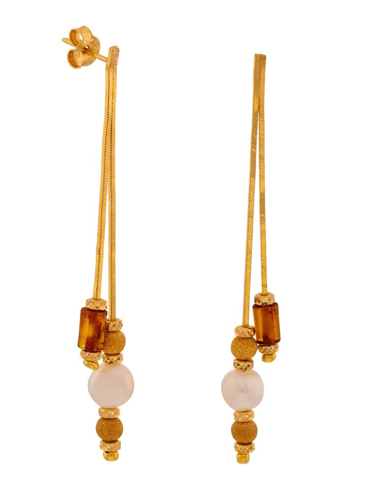 E149 -  Amber, pearl and gold plated silver chain drop stud earrings