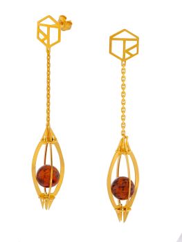 E150 -Cognac Amber incased in the Golad Plated Sterling Silver cage