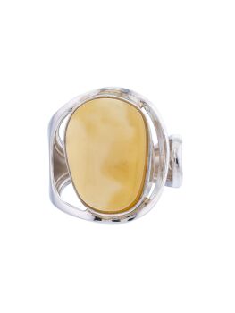 R024 - Milky-White Amber and sterling silver adjustable ring