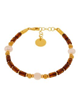 D045 - 307 - Cognac Amber, pearl and gold plated silver bracelet