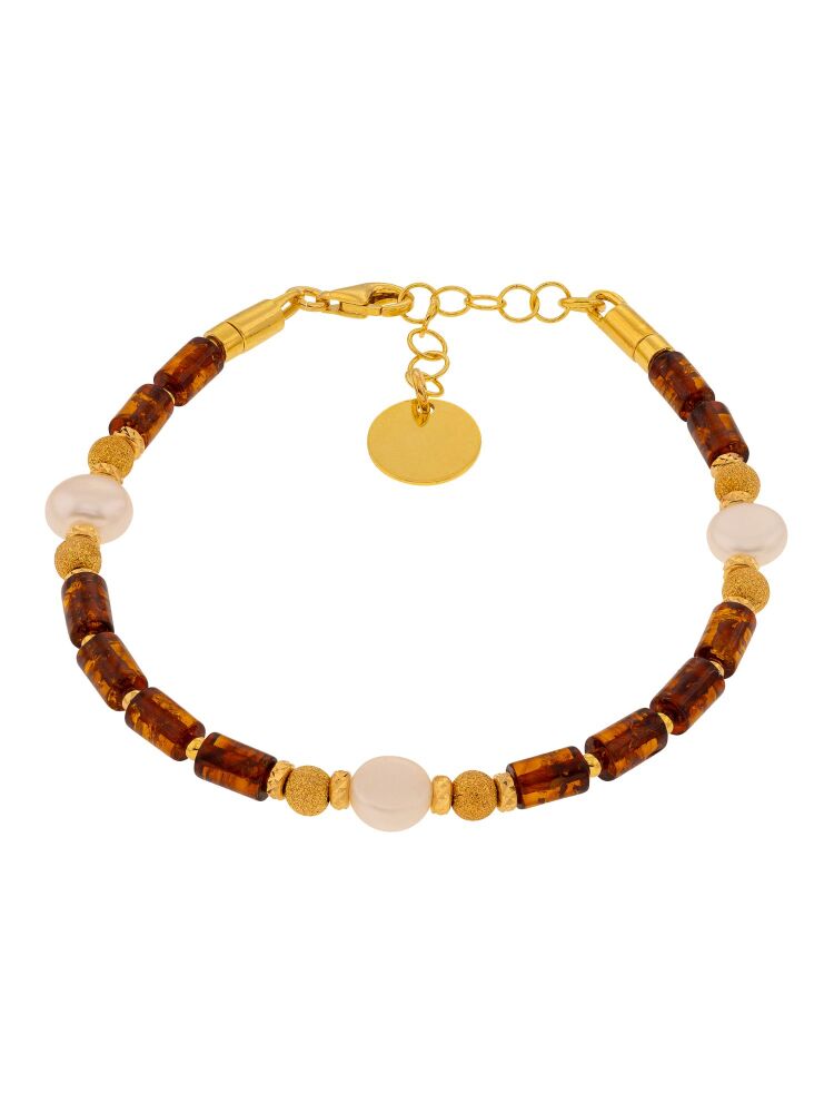 D045 - 307 - Cognac Amber, pearl and gold plated silver bracelet