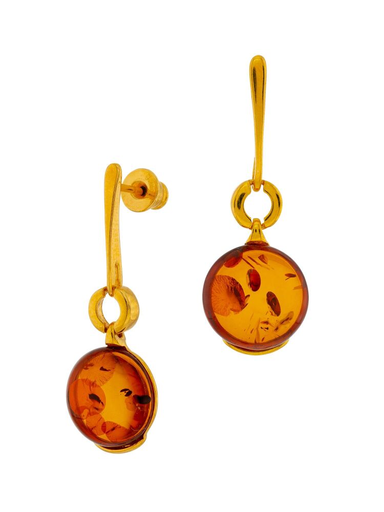 E153-455 Cognac Amber and gold plated sterling silver cabochon drop stud ea