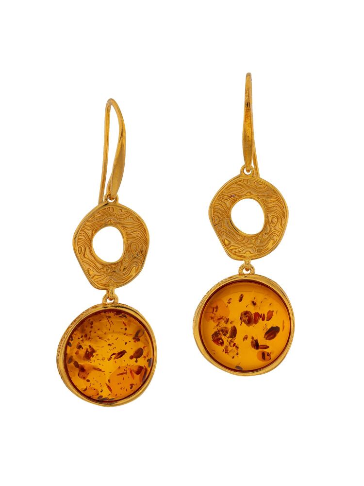 E152-412 Cognac Amber and textured gold plated sivler earrings.
