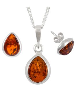Z001 - 701 Tear Drop Cognac Amber Sterling Silver Pendant and Stud Earrings 