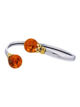 A008 - 312 Cognac Amber with gold plated silver flower and silver open flexible bangle