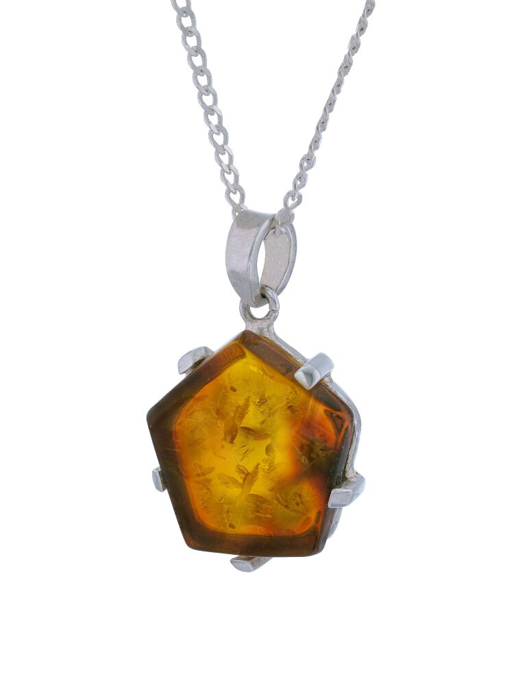 P149 - 205 Baltic Cognac Amber hexagonal shape pendant on a sterling silver