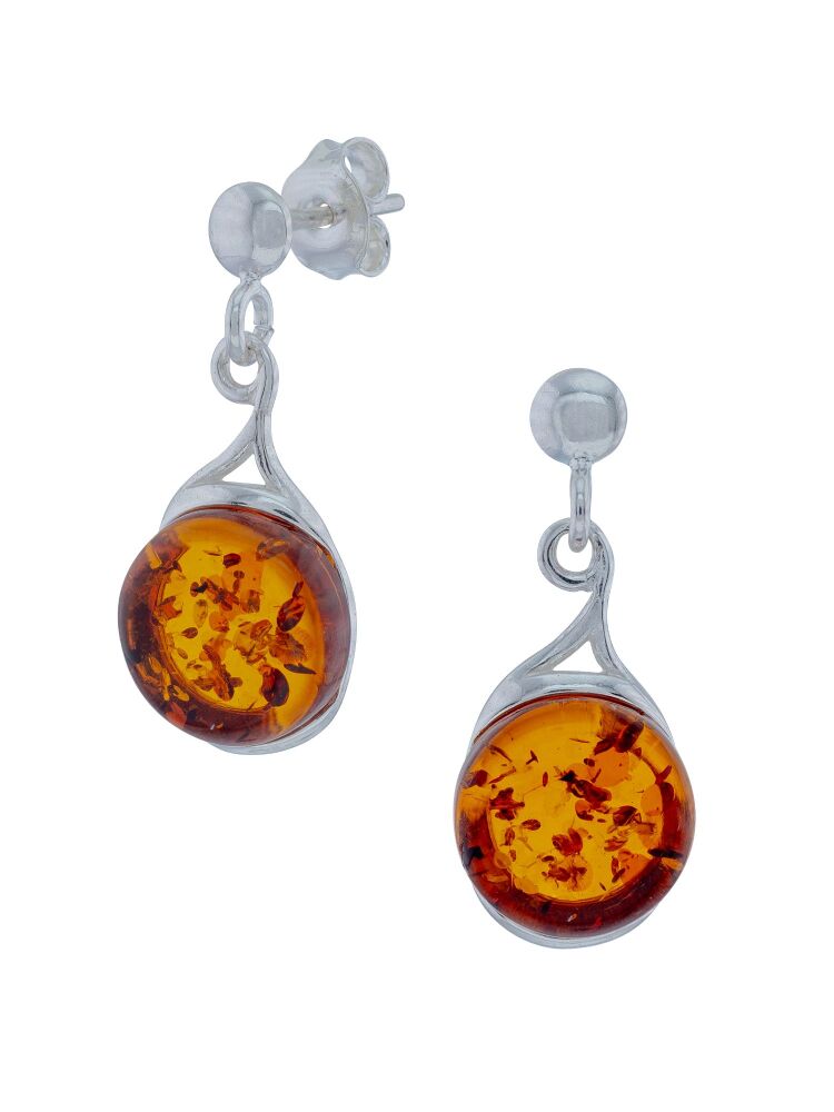 E157 - 405 Baltic Cognac Round Amber drop studs mounted in sterling silver.