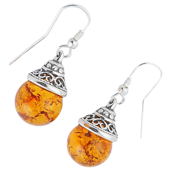 112 - Ball Drop Amber and Silver Earrings