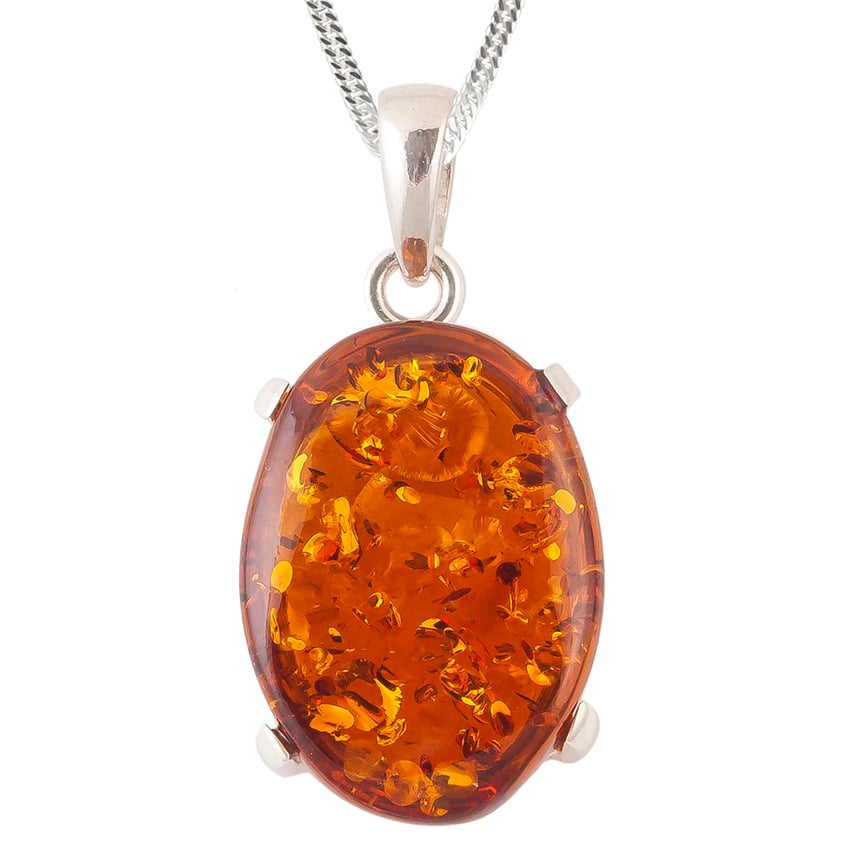 Amber and Silver Claw Set Pendant Necklace