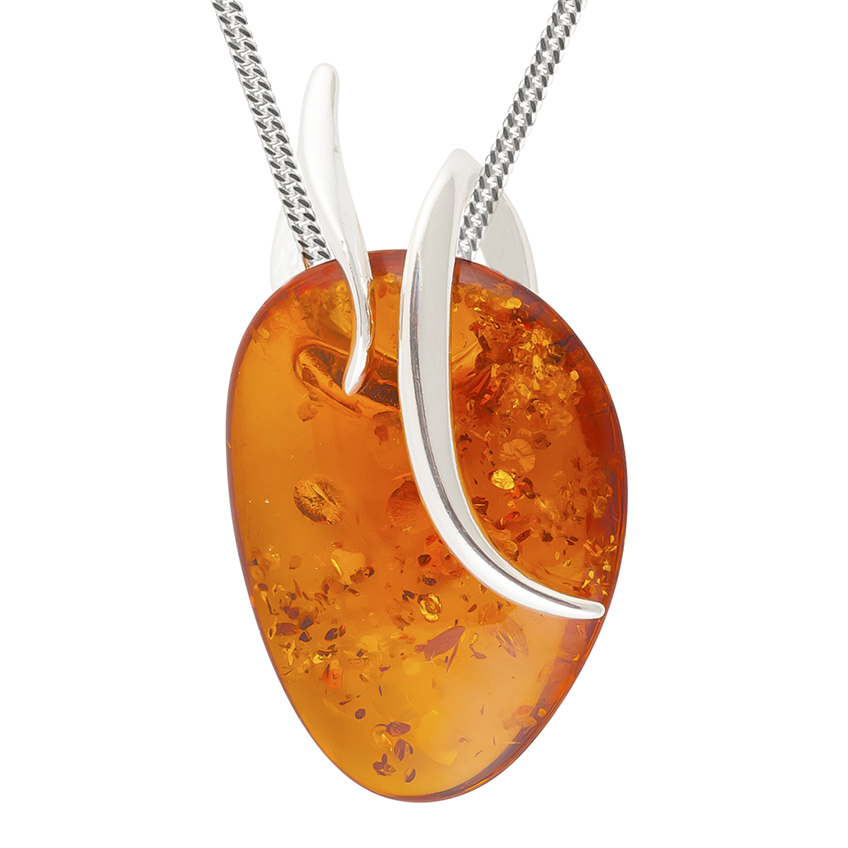 Abstract Amber and Silver Pendant Necklace
