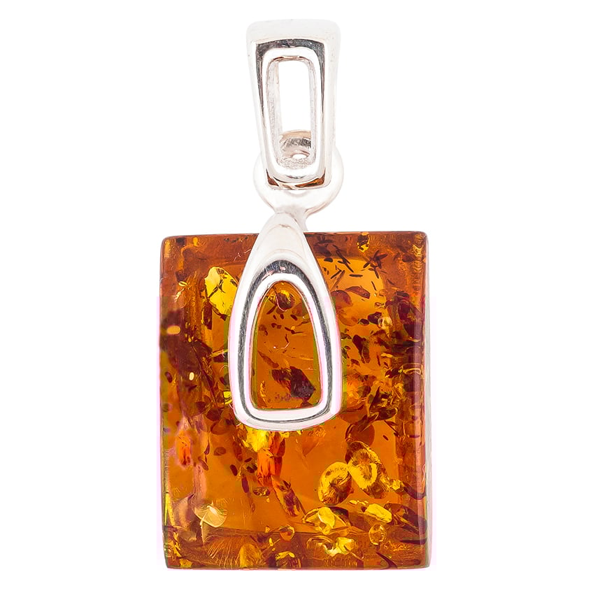 Amber and Silver Rectangle Pendant Necklace