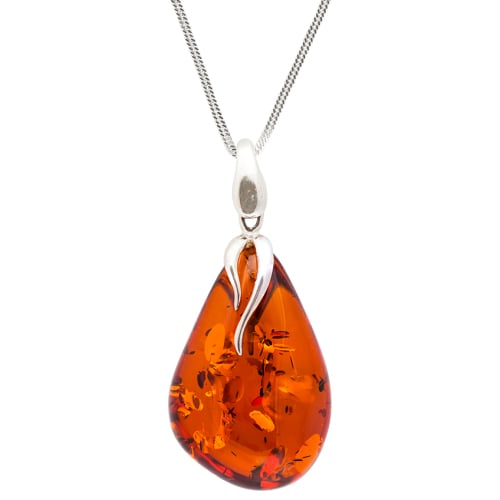 Pear Shaped Amber and Silver Pendant Necklace