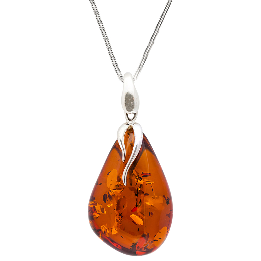 Pear Shaped Amber and Silver Pendant Necklace