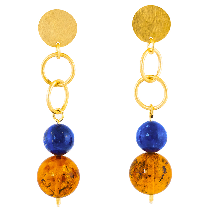 Baltic Amber and Lapis Lazuli ball drop stud earrings