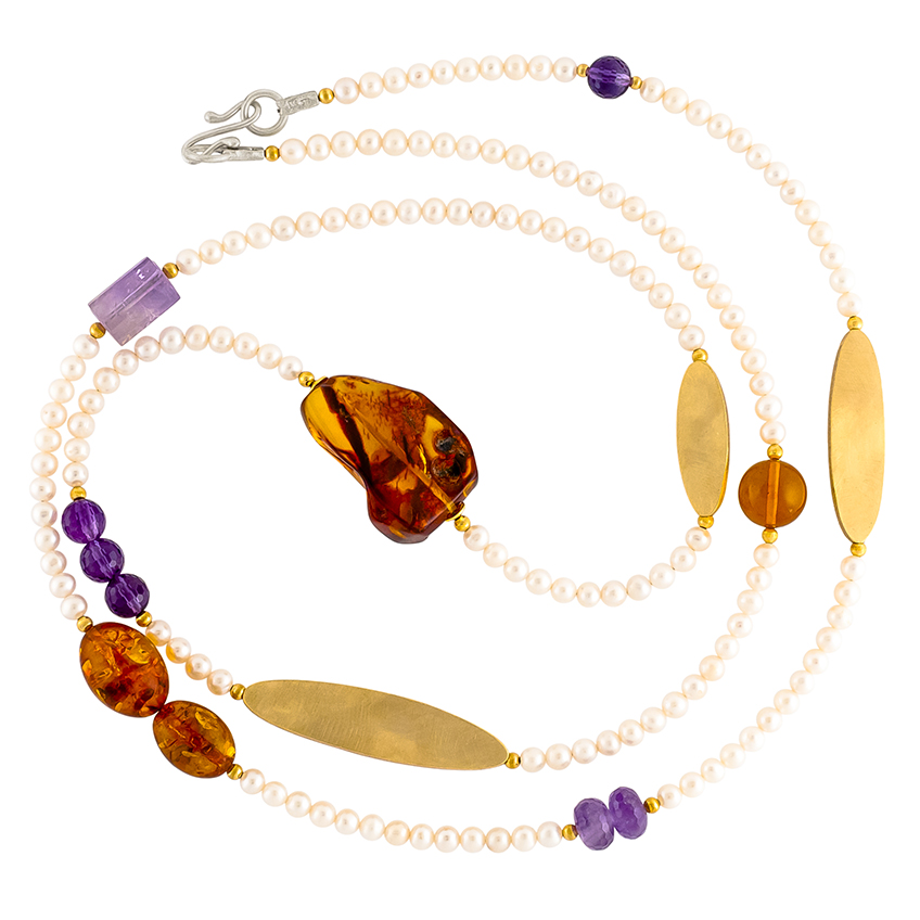 1920's Freshwater Pearl, Baltic Amber and Amethyst Necklace