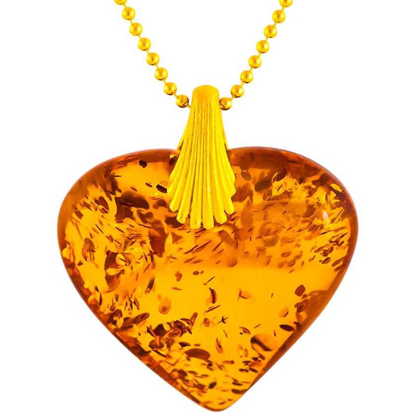 Amber Heart with Gold plated Silver Shell Pendant 