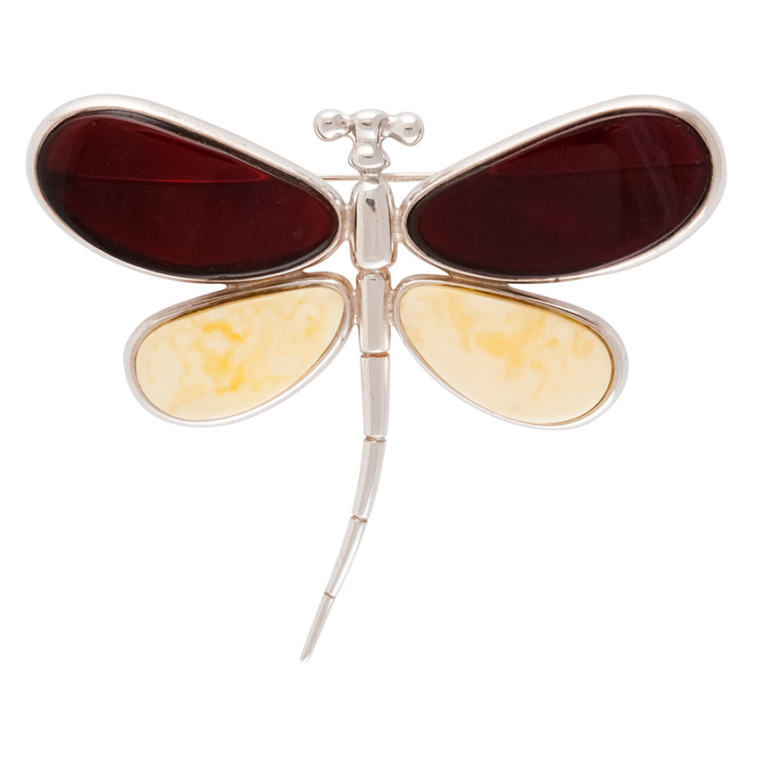 Dark Cherry and White Baltic Amber set in Sterling Silver Dragonfly Brooch