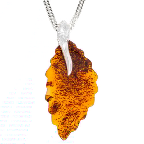 Cognac Amber Birch Leaf pendant with cubic Zircinia