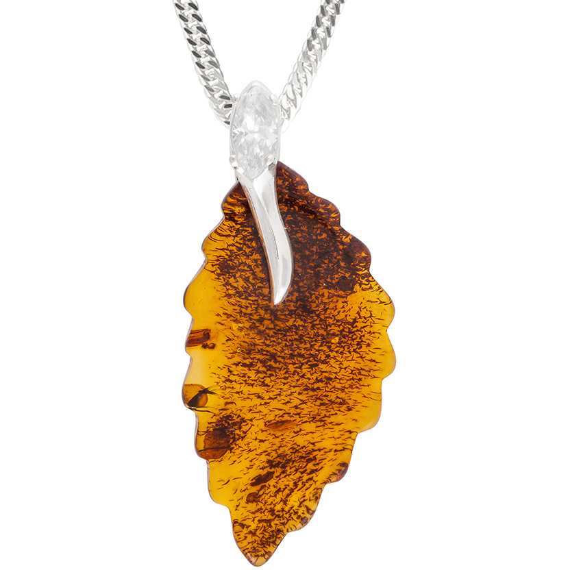 Cognac Amber Birch Leaf pendant with cubic Zircinia
