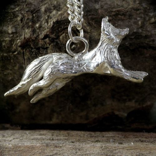 Solid Silver Running Fox Pendant - One of a Kind