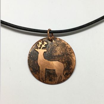 Hand Etched Copper Wild Deer Pendant Necklace