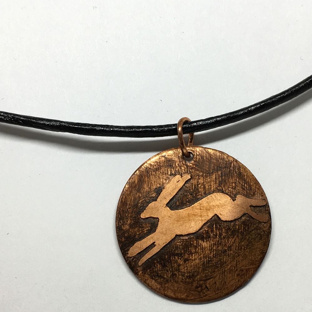 Hand Etched Copper Leaping Hare Pendant Necklace