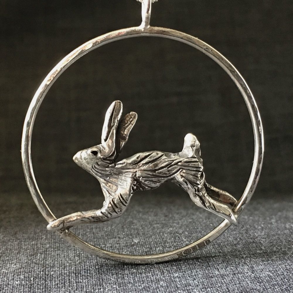 Solid Silver Leaping Hare Pendant - One of a Kind hand made 
